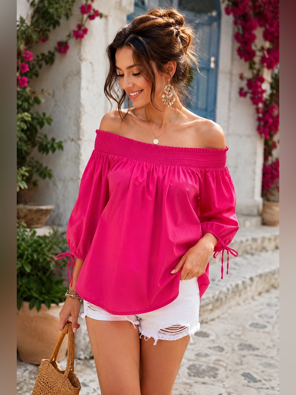 Fuchsia Off Shoulder Peasant Blouse Romantic Vacation Cottagecore XL